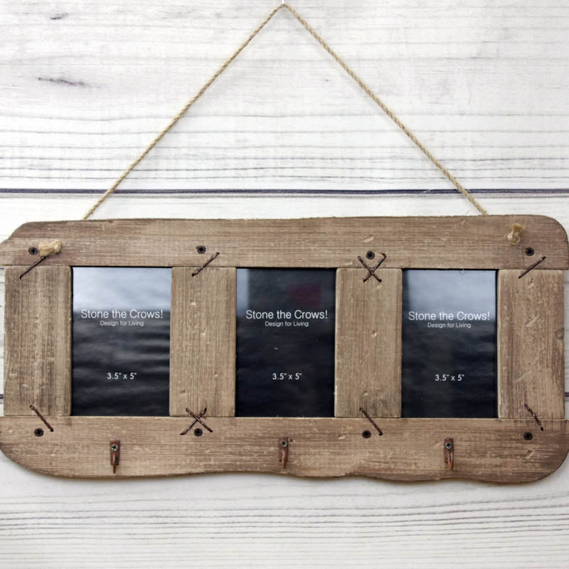 Triple Wooden Photo Frame with Three Hooks