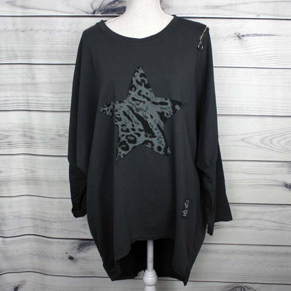 Italian Leopard Star Patch Cotton Batwing Cocoon Lagenlook Top - more colours available