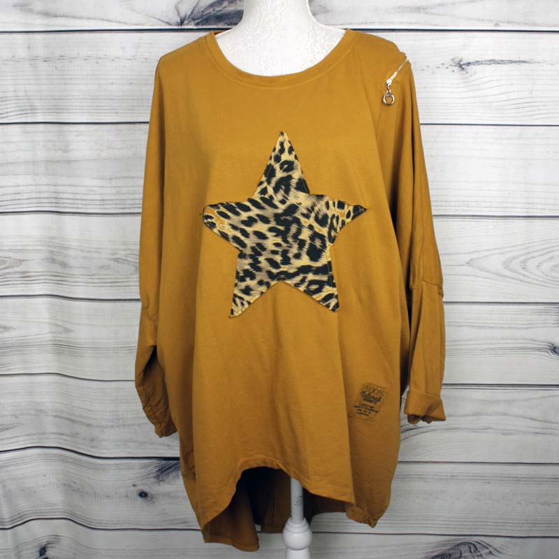Italian Leopard Star Patch Cotton Batwing Cocoon Lagenlook Top - more colours available
