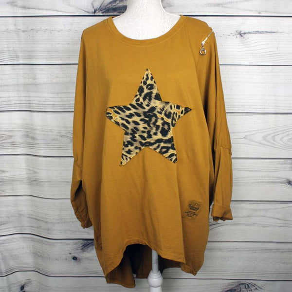 Italian Leopard Star Patch Cotton Batwing Cocoon Lagenlook Top - more colours available