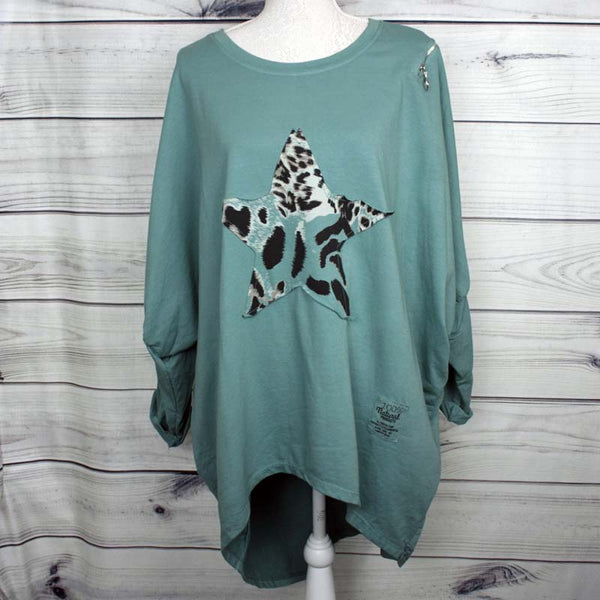 Italian Leopard Star Patch Cotton Batwing Cocoon Lagenlook Top - more colours available