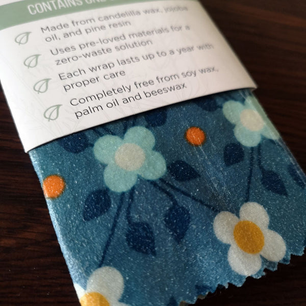 The House of Eden Vegan Food Wrap - One 8x8" Wrap - Blue Retro Flowers