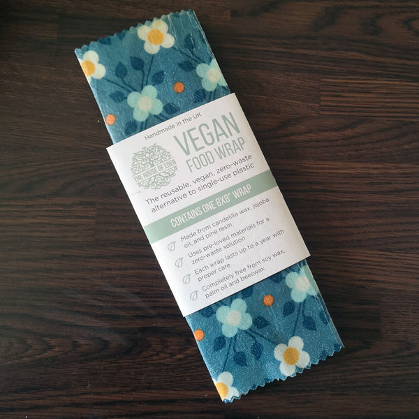 The House of Eden Vegan Food Wrap - One 8x8" Wrap - Blue Retro Flowers