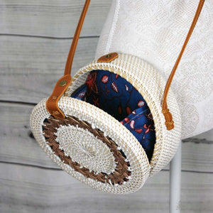 White/Brown Round Rattan Shoulder Bag with Faux Leather Strap
