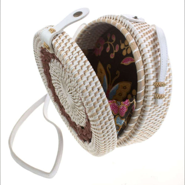 White/Brown Round Rattan Shoulder Bag with Faux Leather Strap