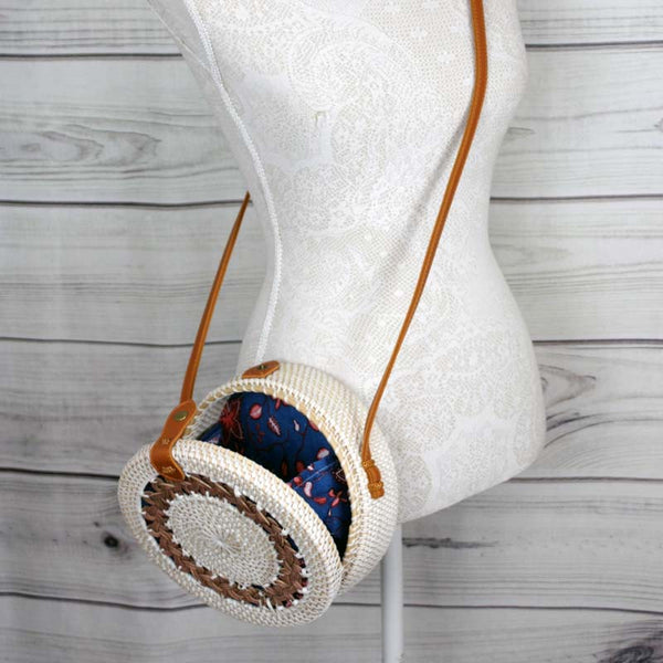 White/Brown Round Rattan Shoulder Bag with Faux Leather Strap