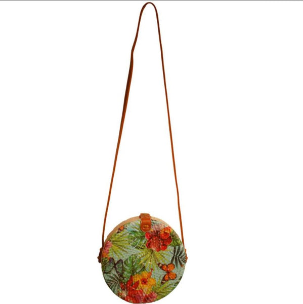 Bright Floral Round Rattan Shoulder Bag with Faux Leather Strap
