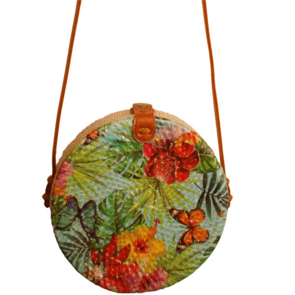 Bright Floral Round Rattan Shoulder Bag with Faux Leather Strap