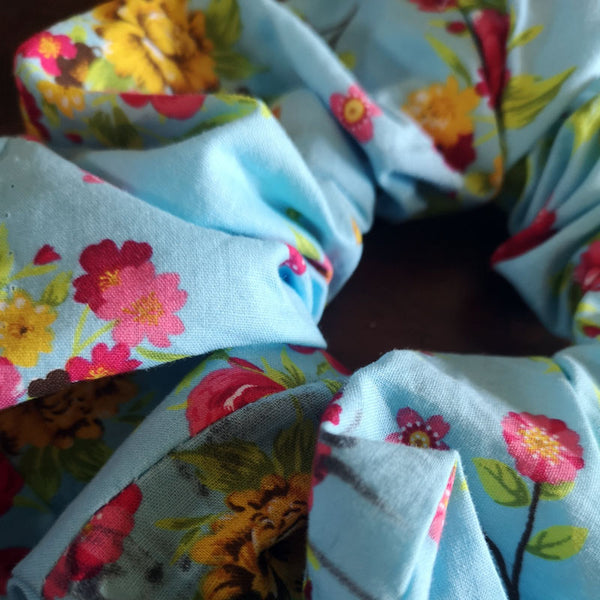Handmade Blue Floral Scrunchie - 3" Wide