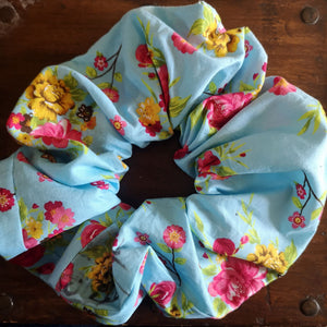 Handmade Blue Floral Scrunchie - 3" Wide