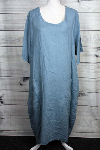 Italian Front Pockets Plain Linen Lagenlook Dress - Ocean Blue