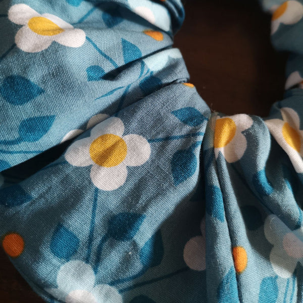 Handmade Blue and Yellow Retro Floral - Scrunchie - 2.75" Wide
