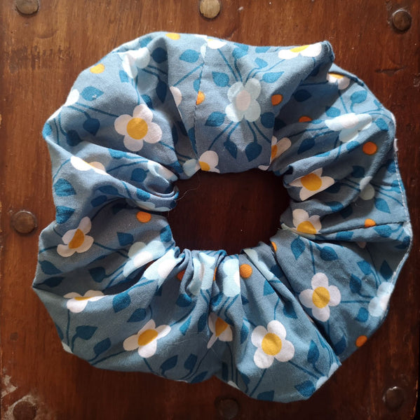 Handmade Blue and Yellow Retro Floral - Scrunchie - 2.75" Wide