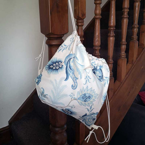 Handmade and Upcycled Double-sided Drawstring Tote Bag - Blue and White Floral