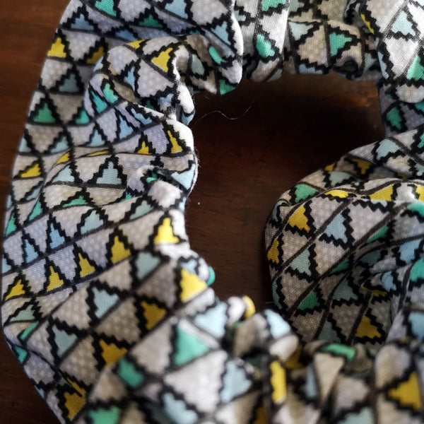 Handmade Blue and Yellow Geometric Scrunchie - 2" Wide