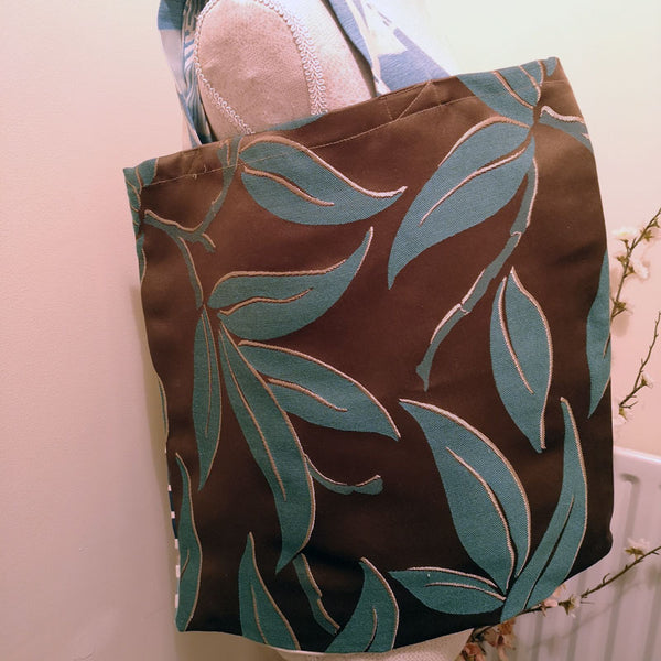 Handmade and Upcycled Double-sided Tote Bag - Brown and Teal Foliage/Striped Print