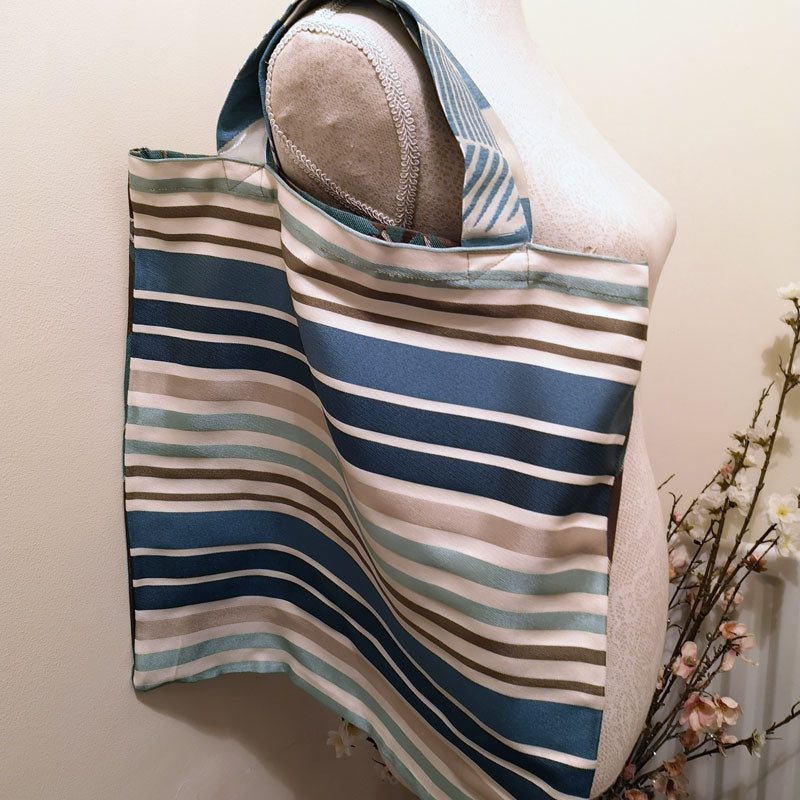 Handmade and Upcycled Double-sided Tote Bag - Brown and Teal Foliage/Striped Print