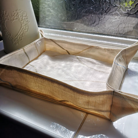 Upcycled Beige and Cream with Striped Accents Fabric Basket - 8.5x11.5"