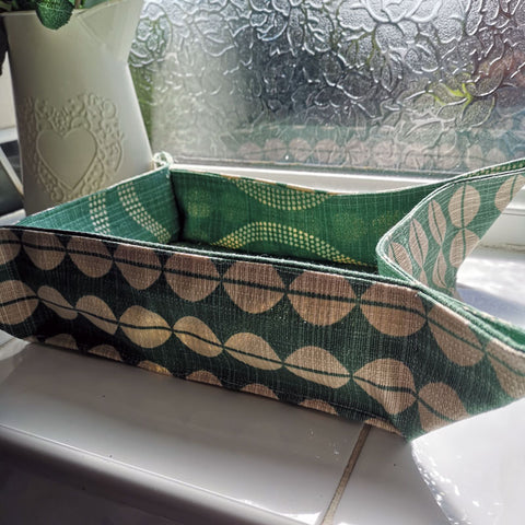 Upcycled Green and Cream Retro Dots Fabric Basket - 8x10.5"