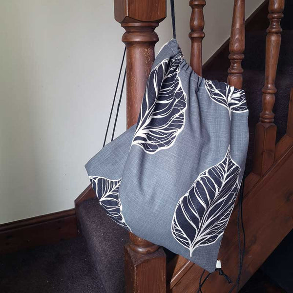 Handmade and Upcycled Double-sided Drawstring Tote Bag - Charcoal and Red Fauna