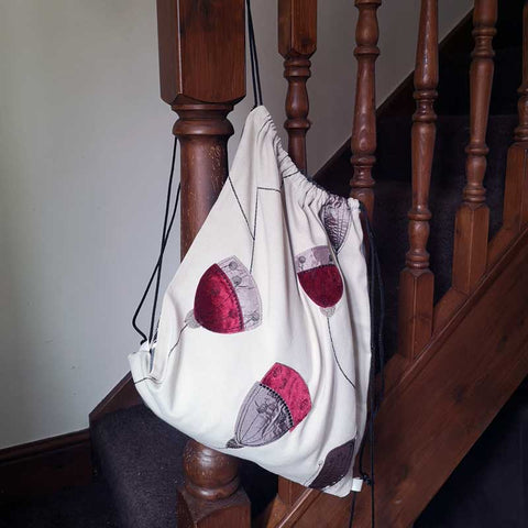 Handmade and Upcycled Double-sided Drawstring Tote Bag - Charcoal and Red Fauna