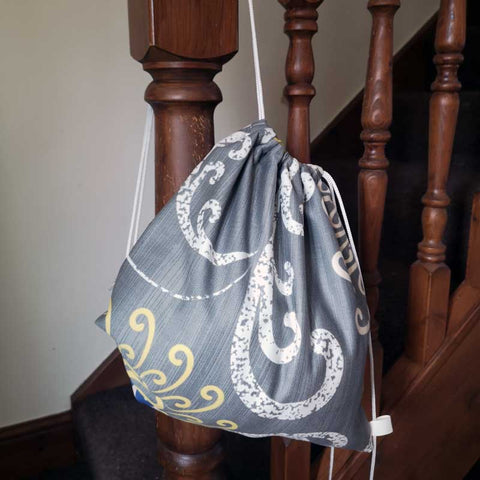 Handmade and Upcycled Double-sided Drawstring Tote Bag - Grey and Beige Swirls