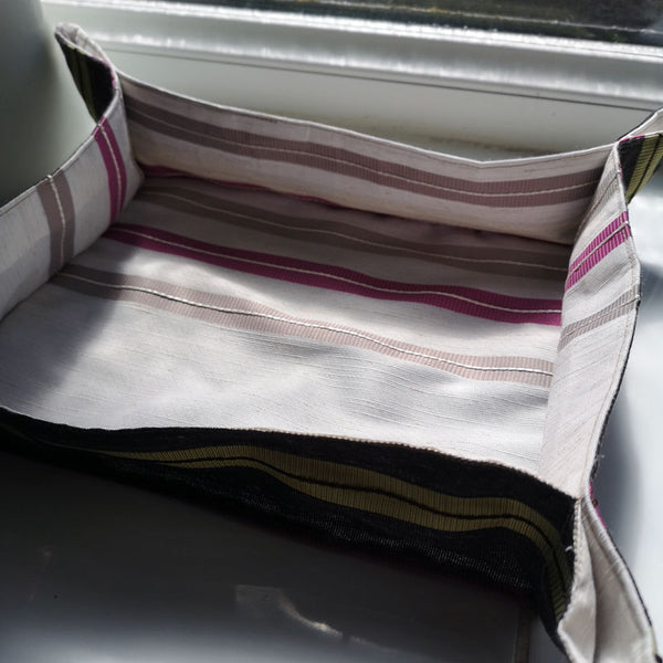 Upcycled Brown and Cream Striped Fabric Basket - 7.5x10"