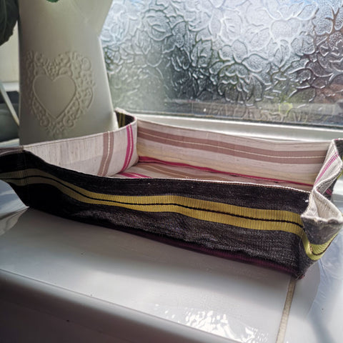 Upcycled Brown and Cream Striped Fabric Basket - 7.5x10"