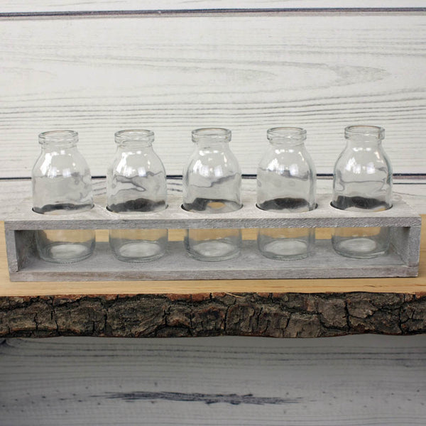 Wooden Tray with Five Clear Glass Bottles