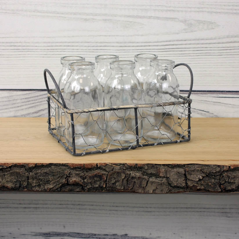 Wire Basket with Six Mini Old-School Bottles