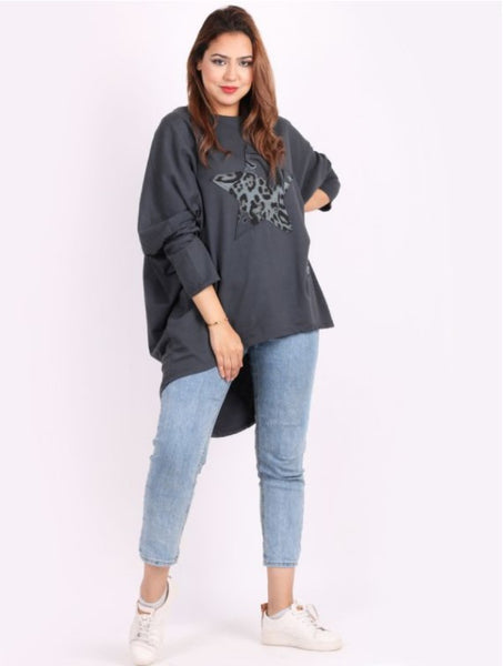 Italian Leopard Star Patch Cotton Batwing Cocoon Lagenlook Top - more colours available