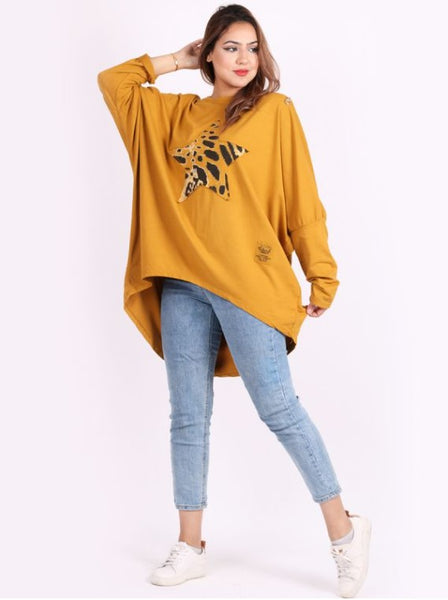 Italian Leopard Star Patch Cotton Batwing Cocoon Lagenlook Top - more colours available
