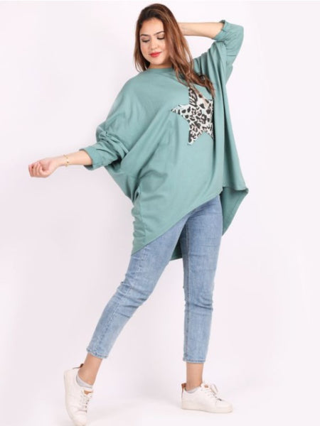 Italian Leopard Star Patch Cotton Batwing Cocoon Lagenlook Top - more colours available