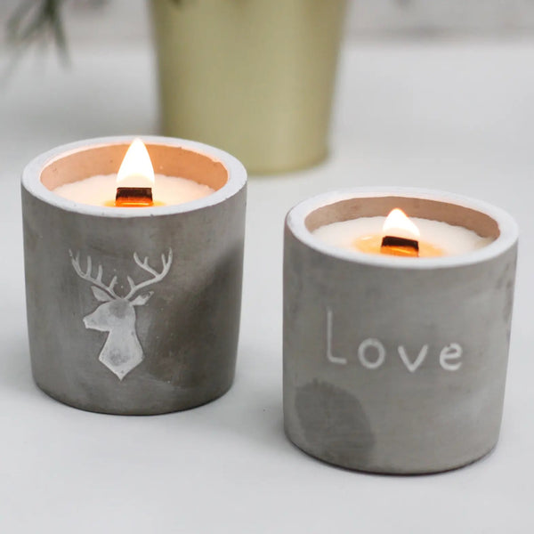 Medium Pot Wooden Wick Stag Head Concrete Candle - Whiskey & Woodsmoke