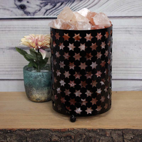 Himalayan Rock Salt Lamp in Metal Cylinder with Cut-out Stars - Approx. 19x13cm