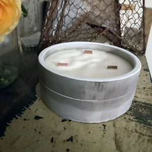 Large Round Wooden Wick Concrete Soy Wax Candle - Patchouli & Dark Amber
