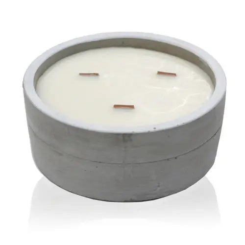 Large Round Wooden Wick Concrete Soy Wax Candle - Patchouli & Dark Amber
