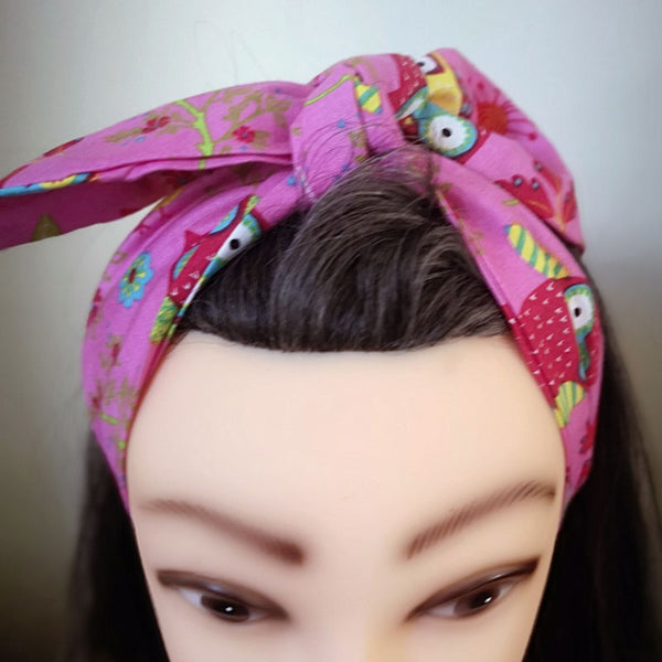 Pink Owl Print Rockabilly Hair Wrap