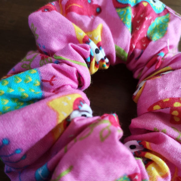 Handmade Pink Owl Scrunchie - 2" Wide