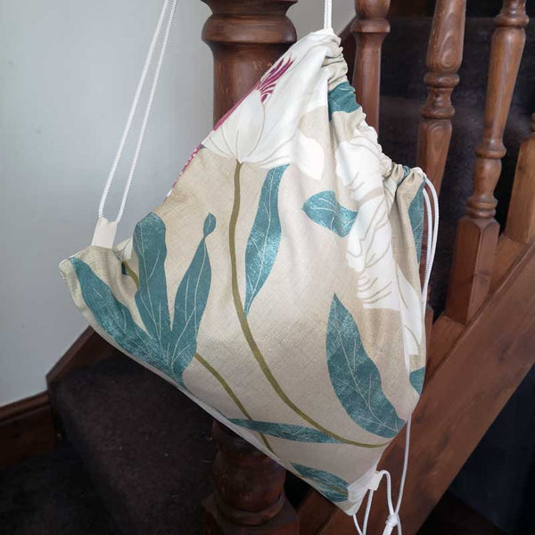Handmade and Upcycled Double-sided Drawstring Tote Bag - Pink and Teal Floral