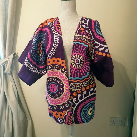 Handmade Upcycled Mid-Sleeved Kimono - Purple Print