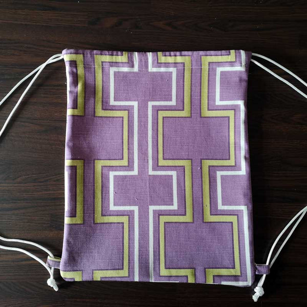 Handmade and Upcycled Double-sided Drawstring Tote Bag - Purple and Cream