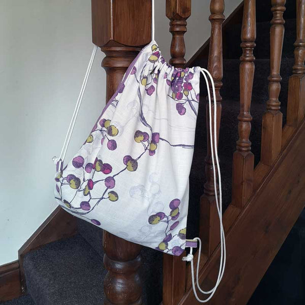 Handmade and Upcycled Double-sided Drawstring Tote Bag - Purple and Cream