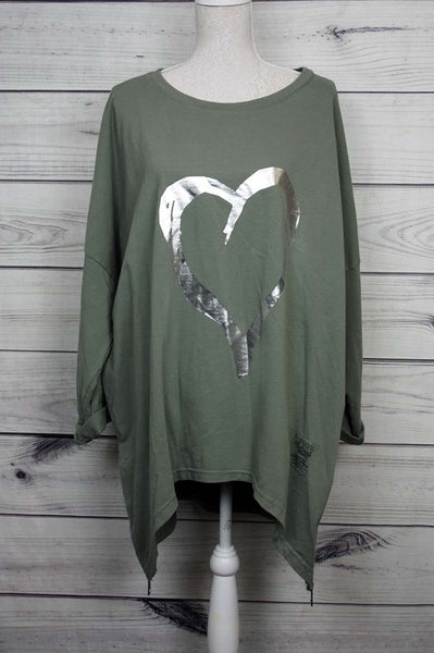Made In Italy Foil Heart Print Baggy Plus Size Cotton Tunic Top - more colours available