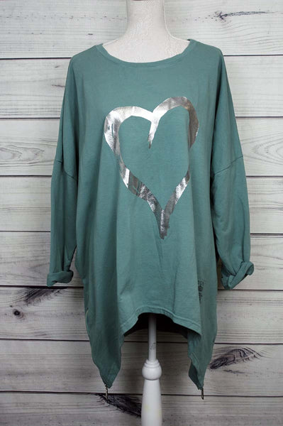 Made In Italy Foil Heart Print Baggy Plus Size Cotton Tunic Top - more colours available