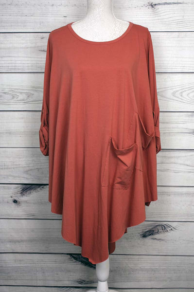 Italian Asymmetric Hem Twin Pockets Oversized Cotton Flared Tunic Top - more colours available