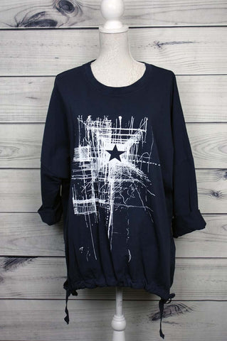 Made In Italy Abstract Star Print Drawstring Dipped Hem Cotton Lagenlook Top - more colours available