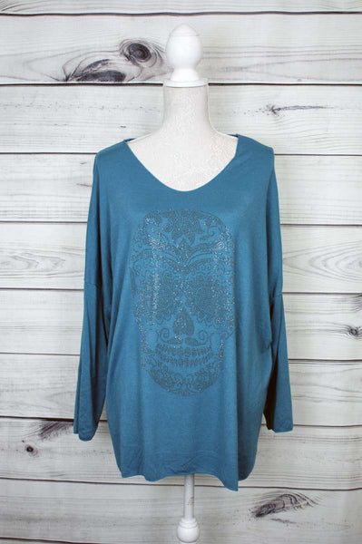 Italian Diamante Skull Pattern Oversized Top - more colours available