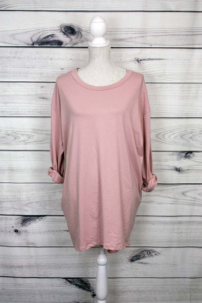 Plain Turn Up Sleeves Dip Hem Top - more colours available