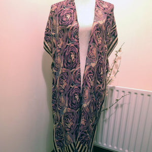 Handmade Upcycled Rose-Print Kimono with Tassels and Metallic Thread